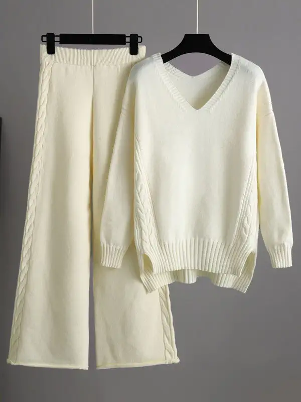 Relaxed Long Sleeve V Neck Sweater And Pants Set
