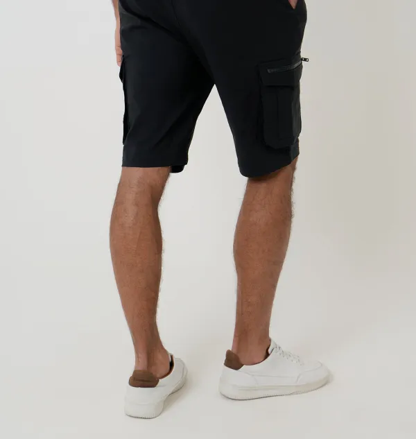 Men's Black Elastic-Waist Stretch Cargo Shorts
