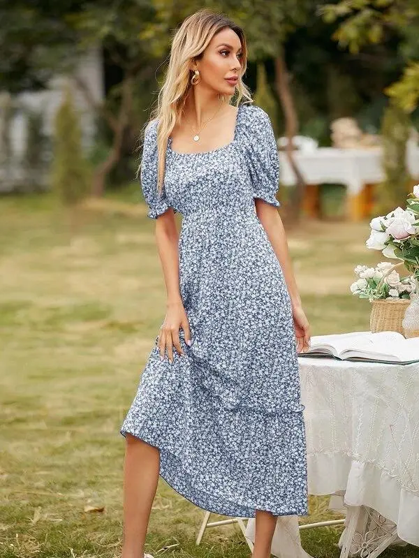 Women Square Neck Ditsy Floral Frill Trim Dress