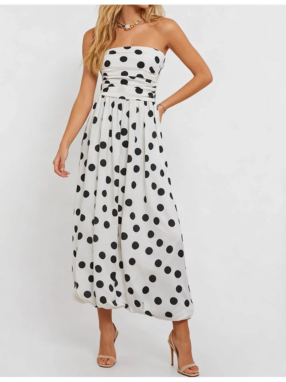 Strapless Polka Dot Smocked Sleeveless Maxi Dress