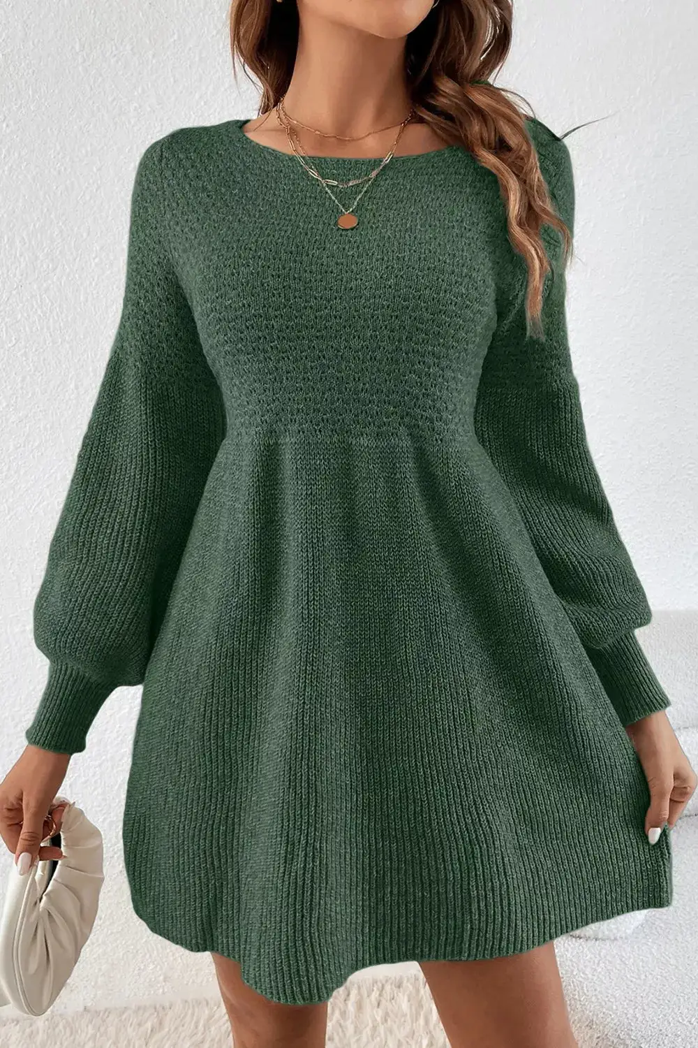 Layered Detail Round Neck Long Sleeve Mini Dress