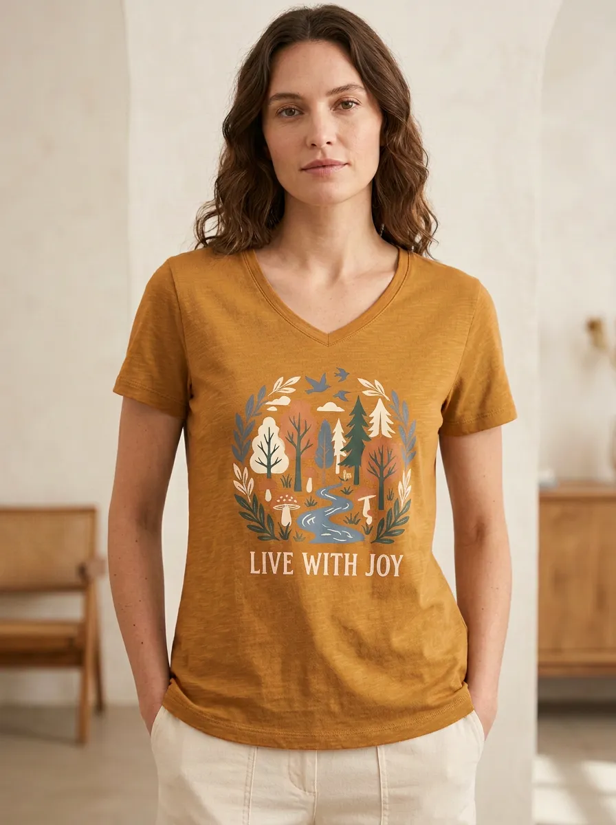 Women's Nature Forest Mushroom Live With Joy Print T-Shirt