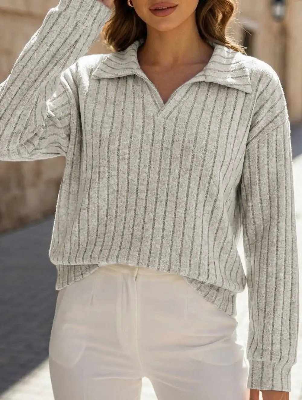 Plus Size Ribbed V-Neck Long Sleeve Tee