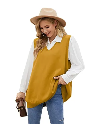 Sweater Vest Womens Knitted Oversized V Neck Sleeveless Sweater Knitwear Tank Tops with Pocket (S-3XL)