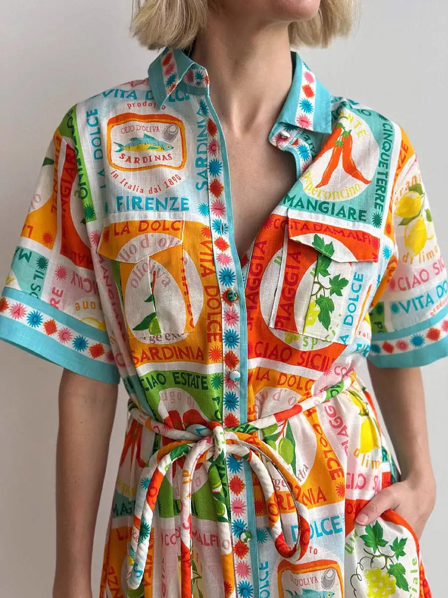 High Printed Buttoned Shirt Maxi Dress