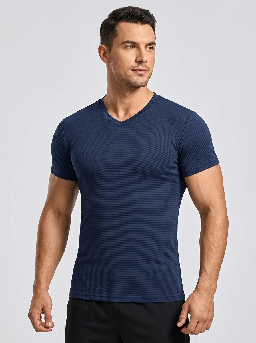 Casual Ribbed Textured V-Neck Casual Look Men's Slim Fit Short Sleeve T-Shirt