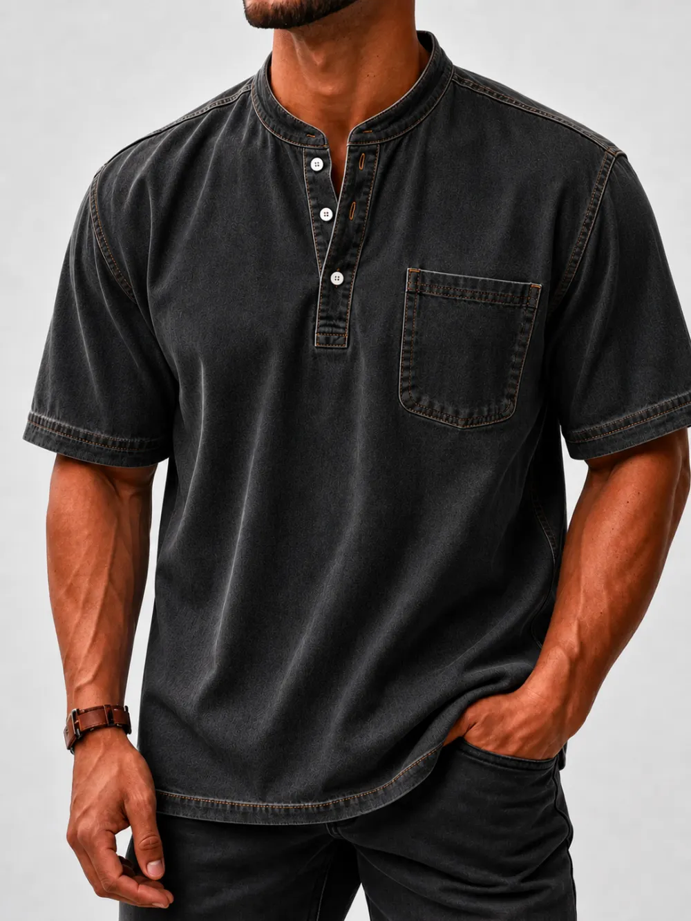 Men's Washed Stand Collar Henley Shirt