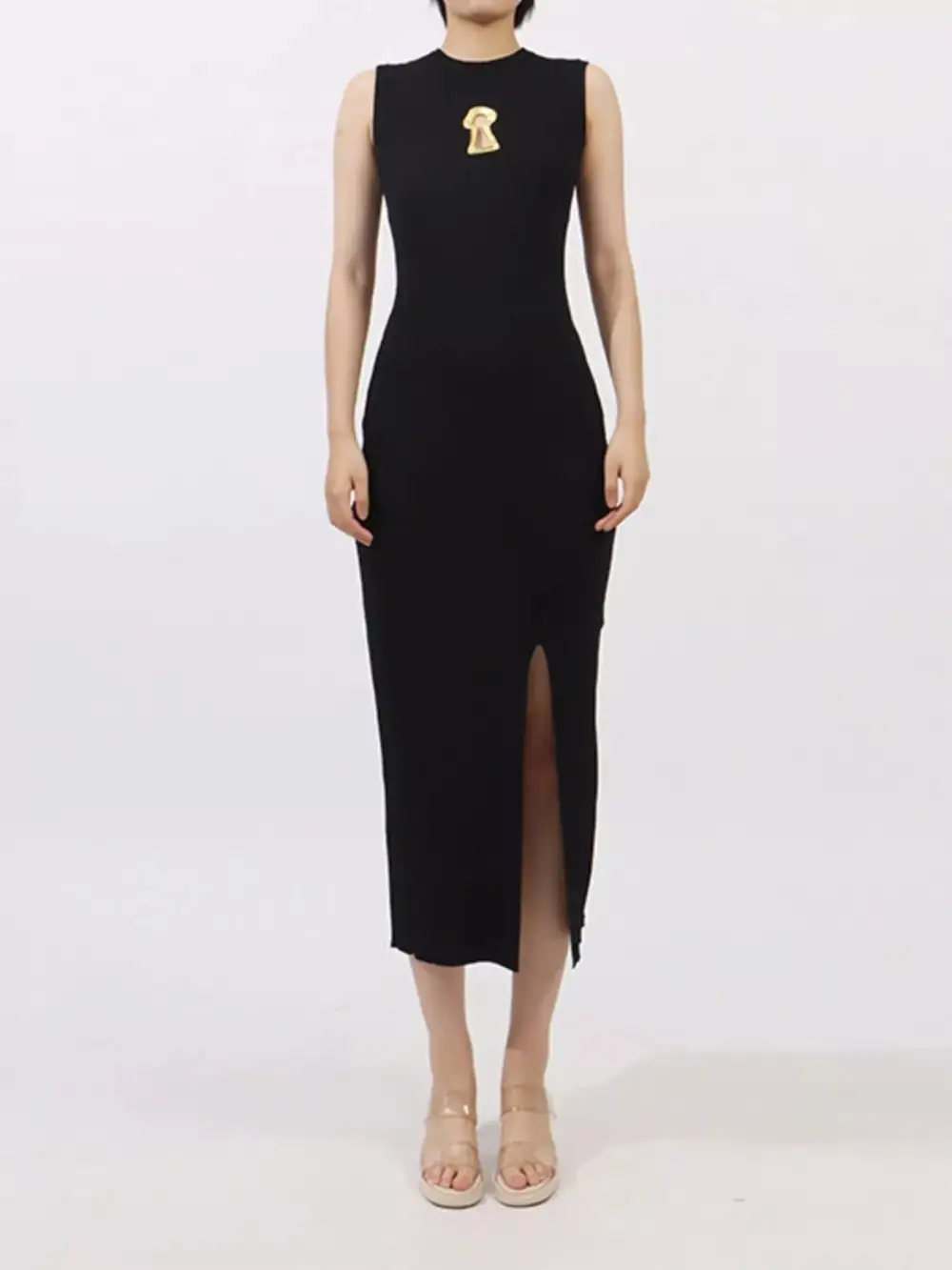 Smooth Finish Round Neck Slit Sleeveless Dress