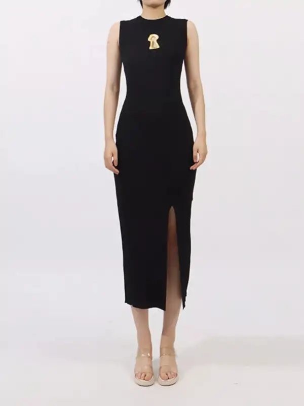 Smooth Finish Round Neck Slit Sleeveless Dress