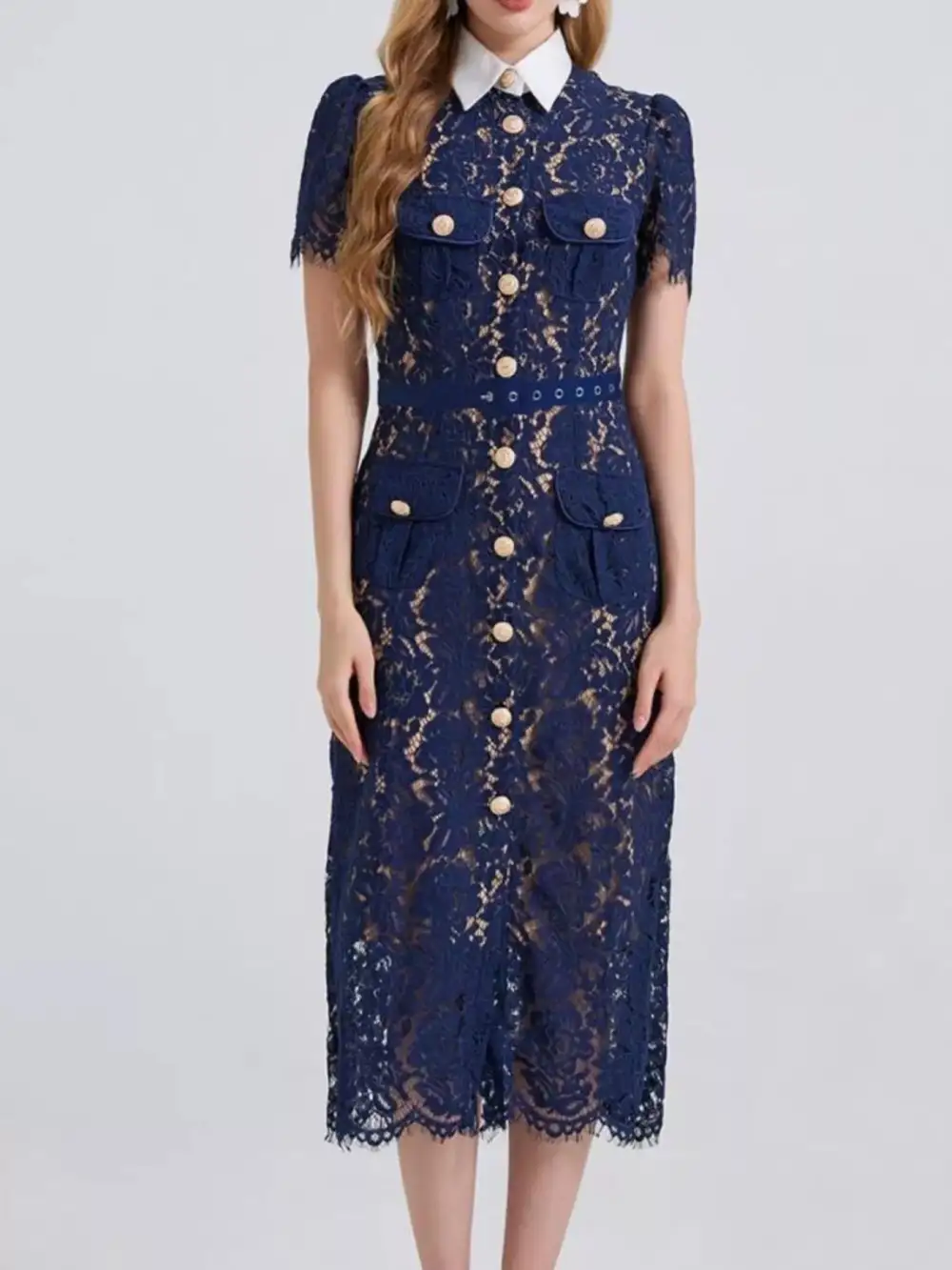 Lace Button Front Midi Dress