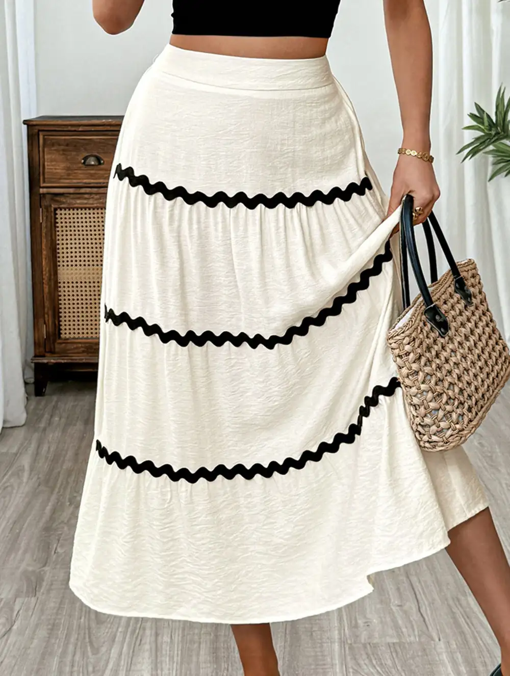 Block Elastic Waist Midi Skirt