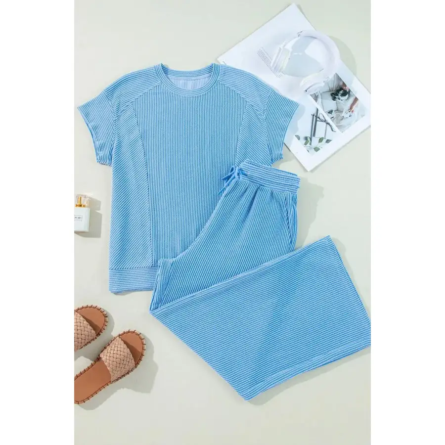 Ribbed Knit Round Neck Top and Pants Casual Set