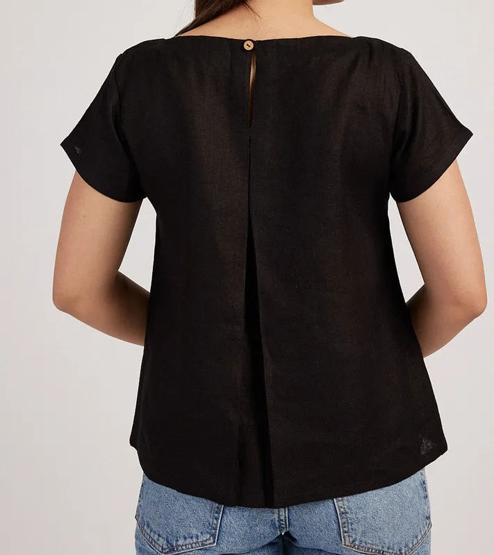 Black Linen Boat-Neck Top