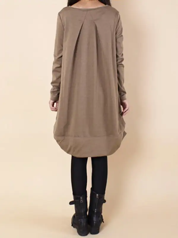A Line Long Sleeve Pleated Solid Color Round Neck Dress Maxi