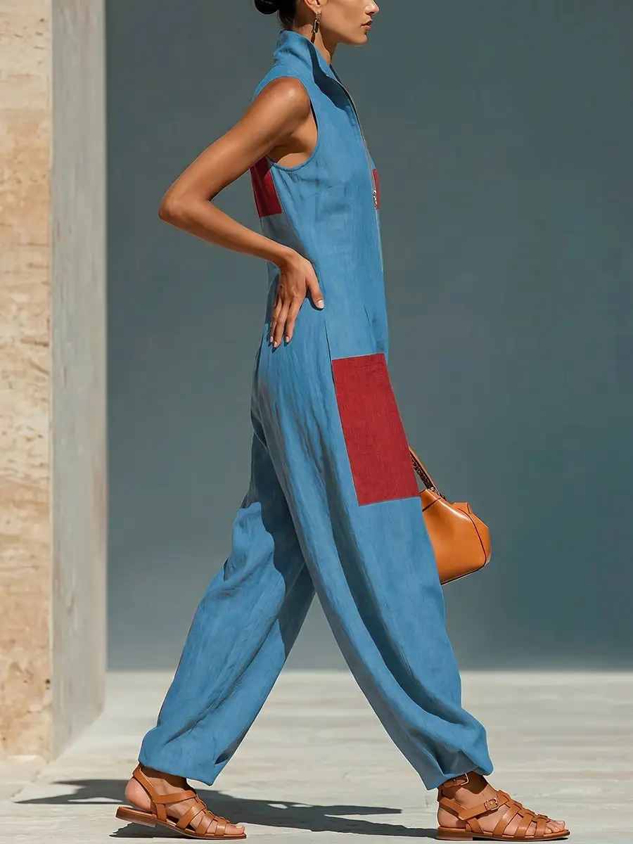 Losse Jumpsuits Met Wijde Pijpen Contrasterende Kleuren Zakken