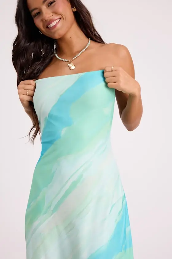 Jaylah Brown Polka Dot Mesh Strapless Midi Dress