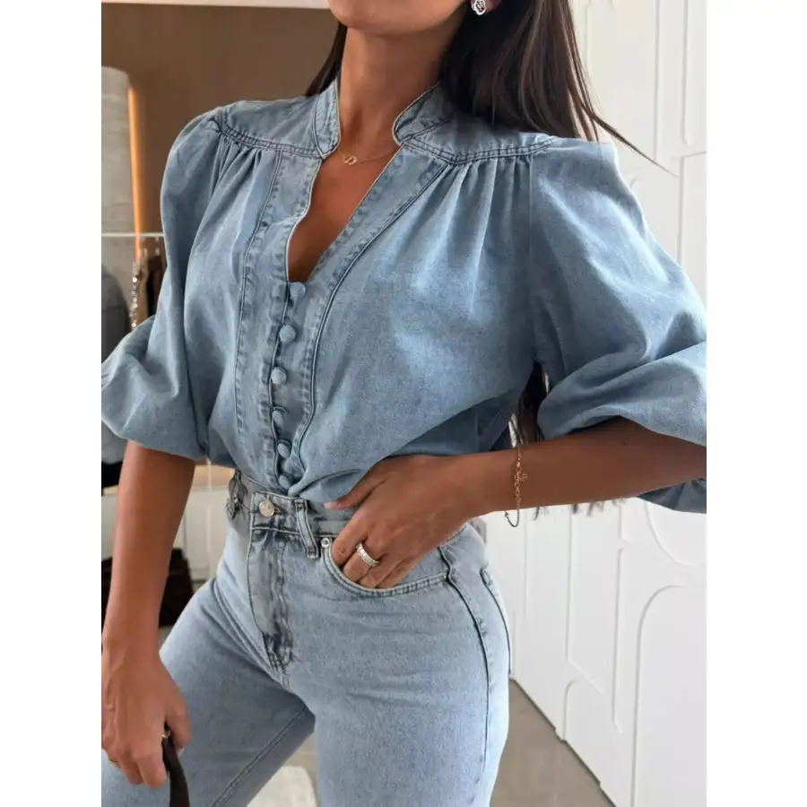 Button Down Puff Sleeve Denim Top