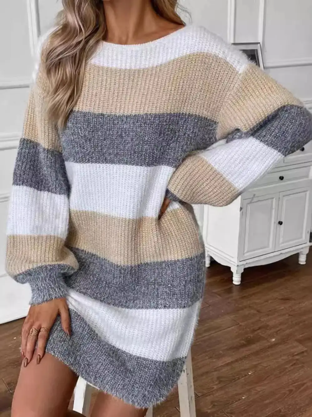 Patchwork Long Sleeve Sweater Dress