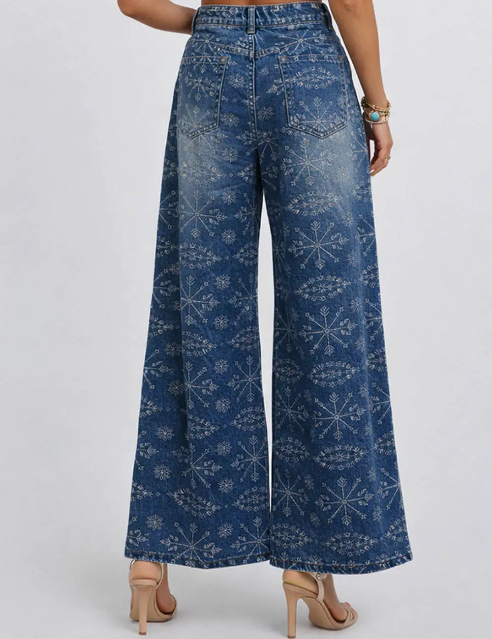 Geometric Jacquard Button Front Wide Leg Denim Pants