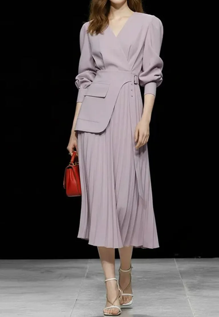 Pleated V Neck Maxi Dress