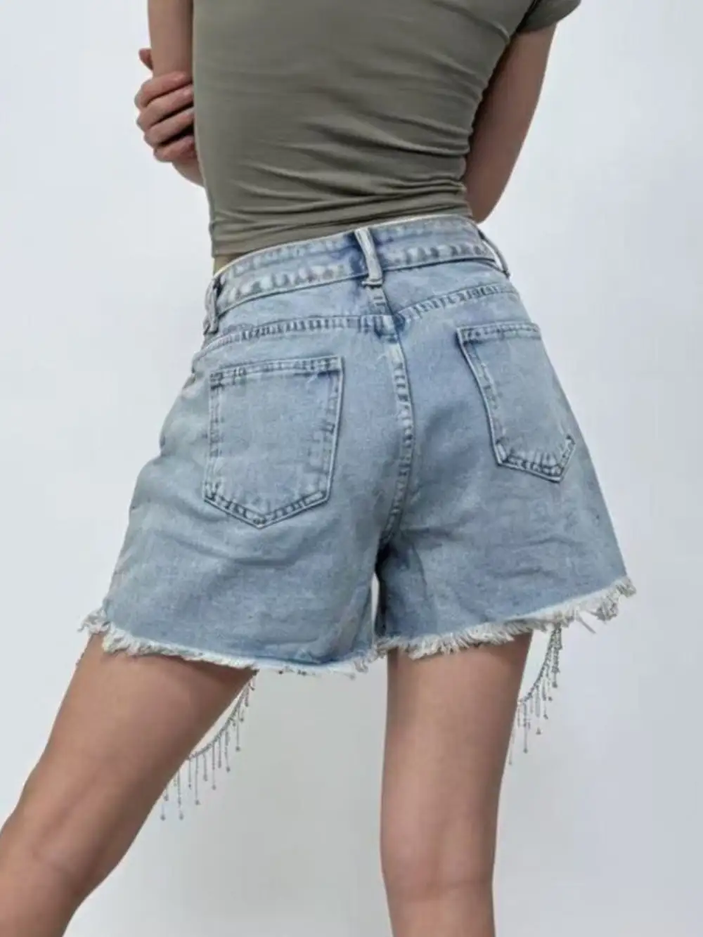 Raw Hem Rhinestone Detail Denim Shorts