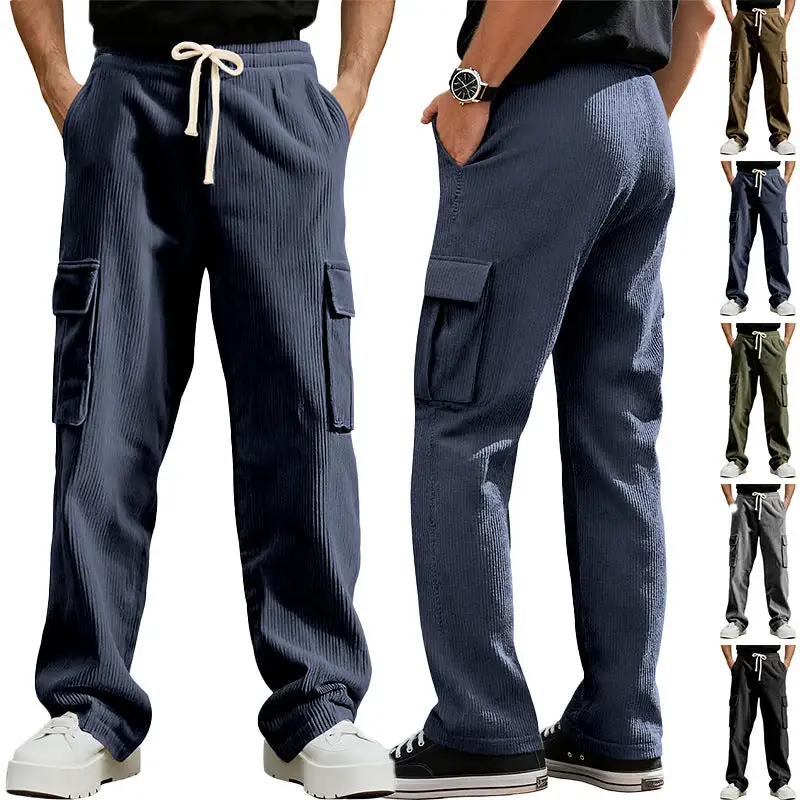Men's Casual Corduroy Cargo Pants Waist Straight Leg Pockets