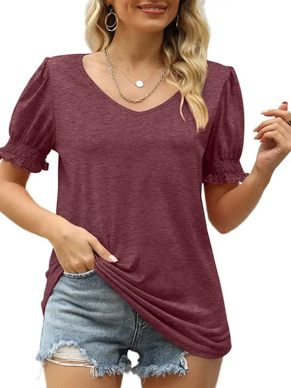 V-Neck Collared Short-Sleeve Puff-Sleeve T-Shirt