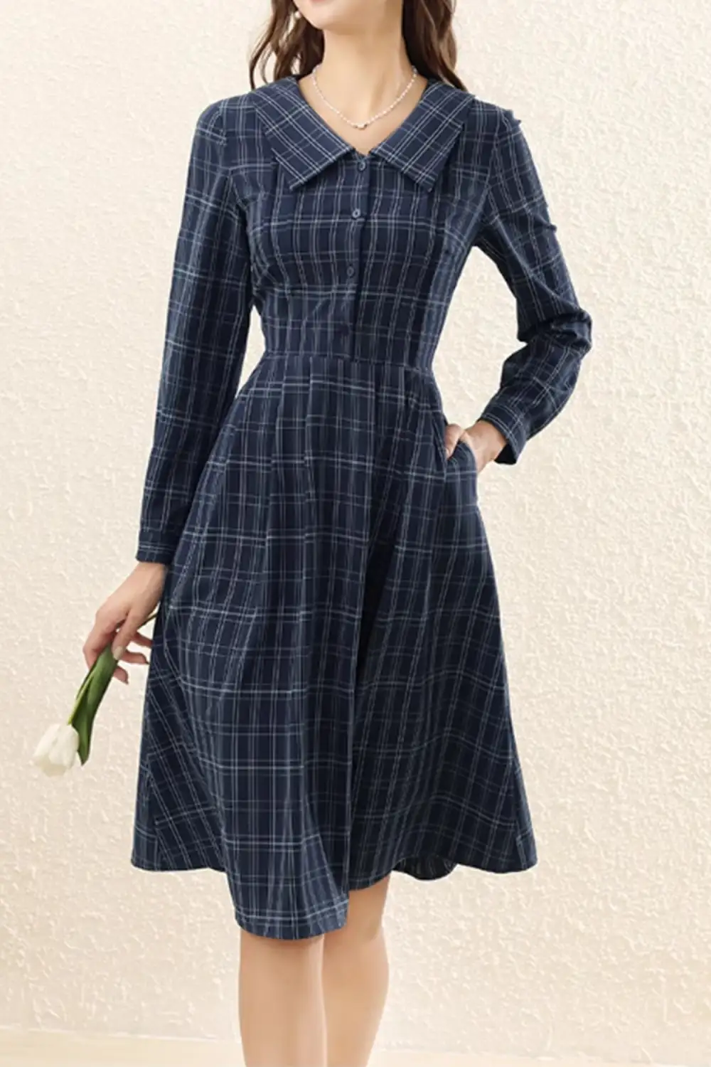 Plaid Polyester Lapel Collar Long Sleeve Midi Dress