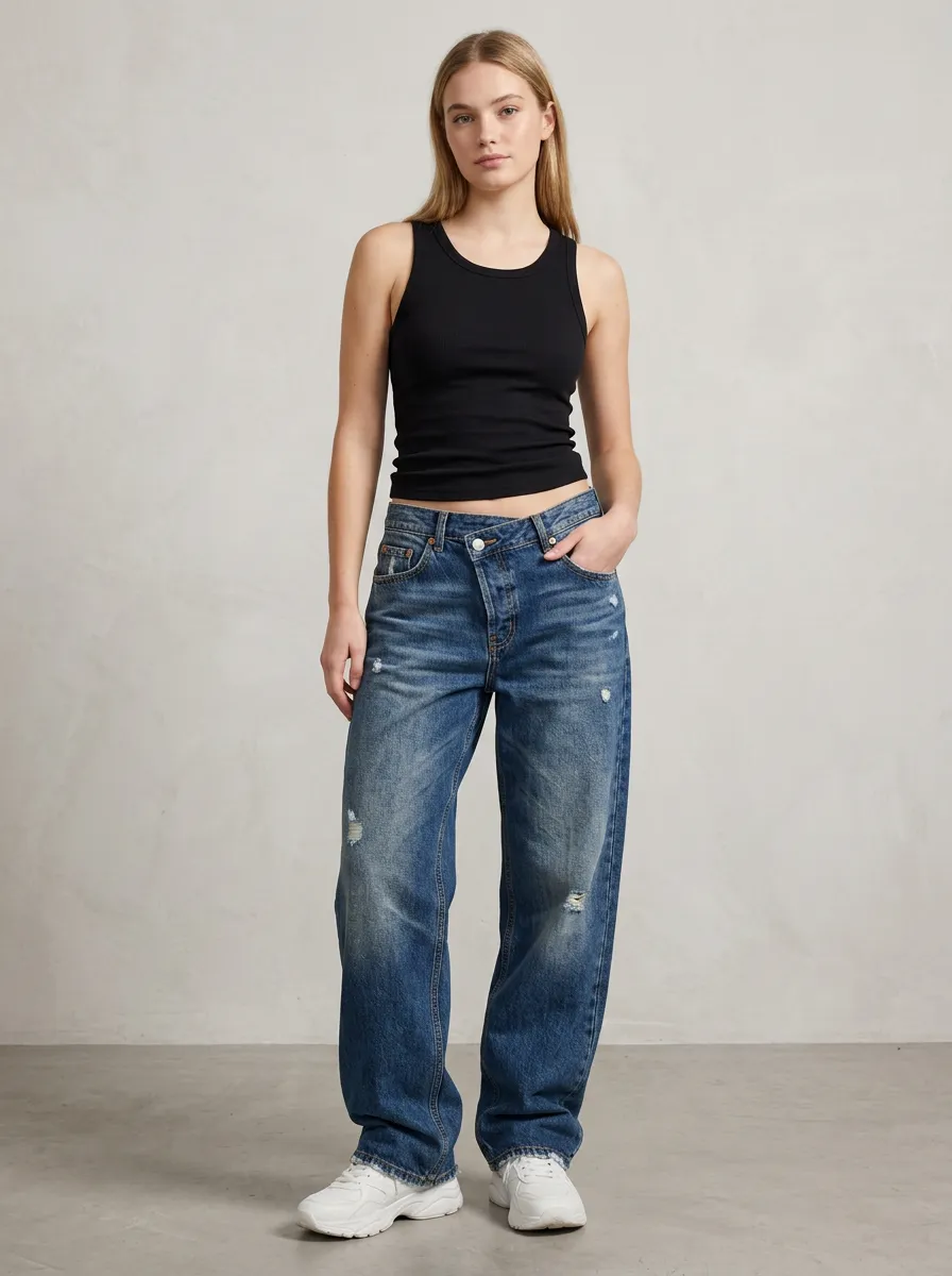 Women's Casual Fashion Distressed Crossover Waist Printed Jeans