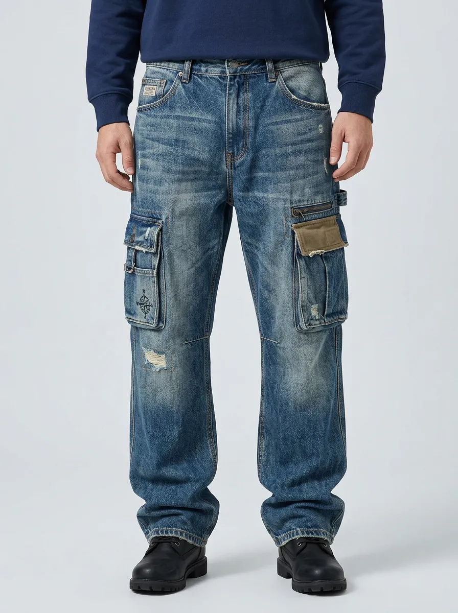 Men's Vintage Distressed Compass Patch Multi-Pocket Cargo Jeans