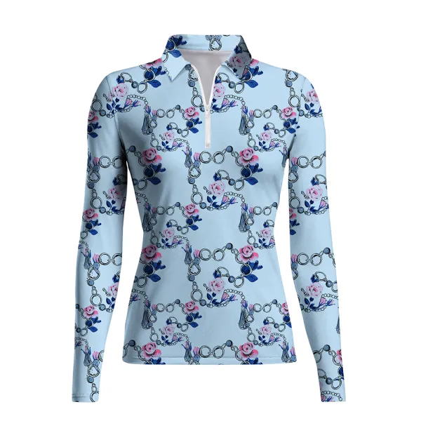 Women's Riding Style Equestrian Bibs Print Long Sleeve Casual Lapel Shirt