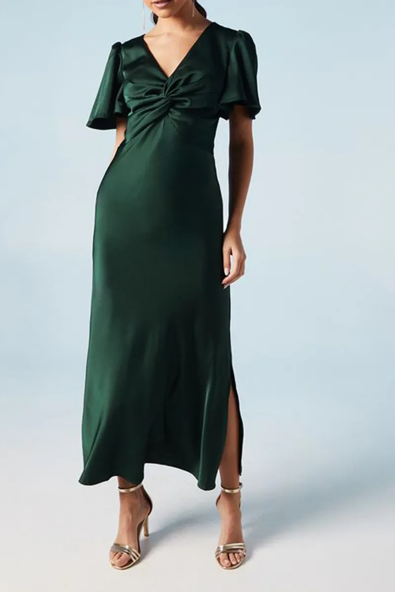 Casual Style Satin Twist Front Angel Sleeve Dress