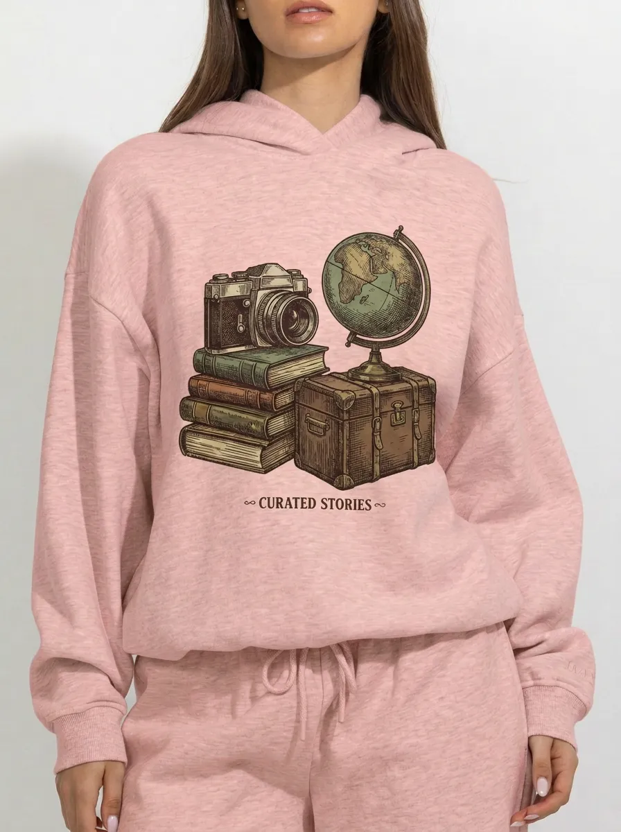 Women's Travel Globe Camera Books Graphic Hoodie