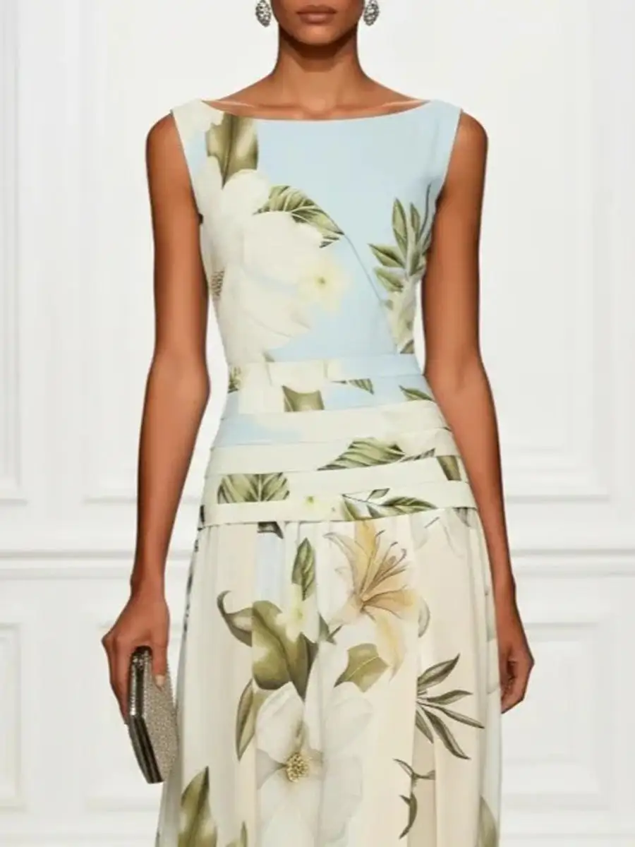 Flower Pleated Neck Maxi Dress