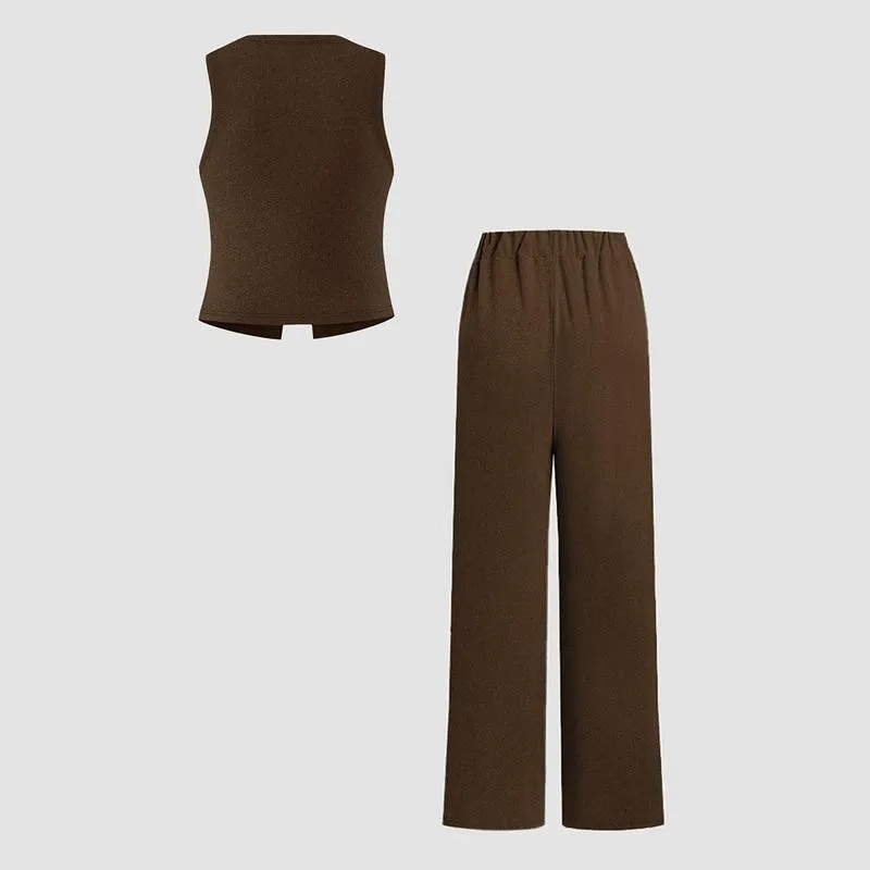 Women'S Knit Button Vest & Pants Set