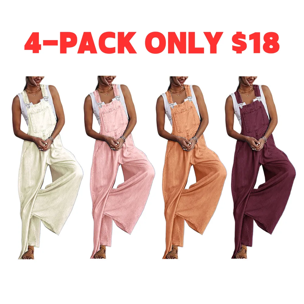 Women's Denim-Effect Print Plicated Wide Leg Overalls Jumpsuit, Minimalist Chic Fashion Casual Pocket Square Neck Overalls Jumpsuit for Daily Outdoor Wear, Ladies Clothes for All Seasons