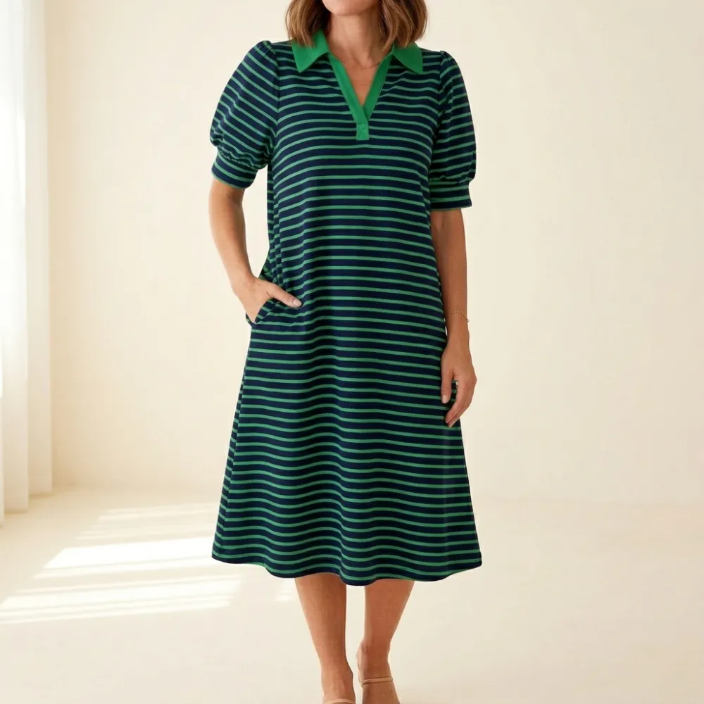 V Neck Striped Flattering Midi Dress