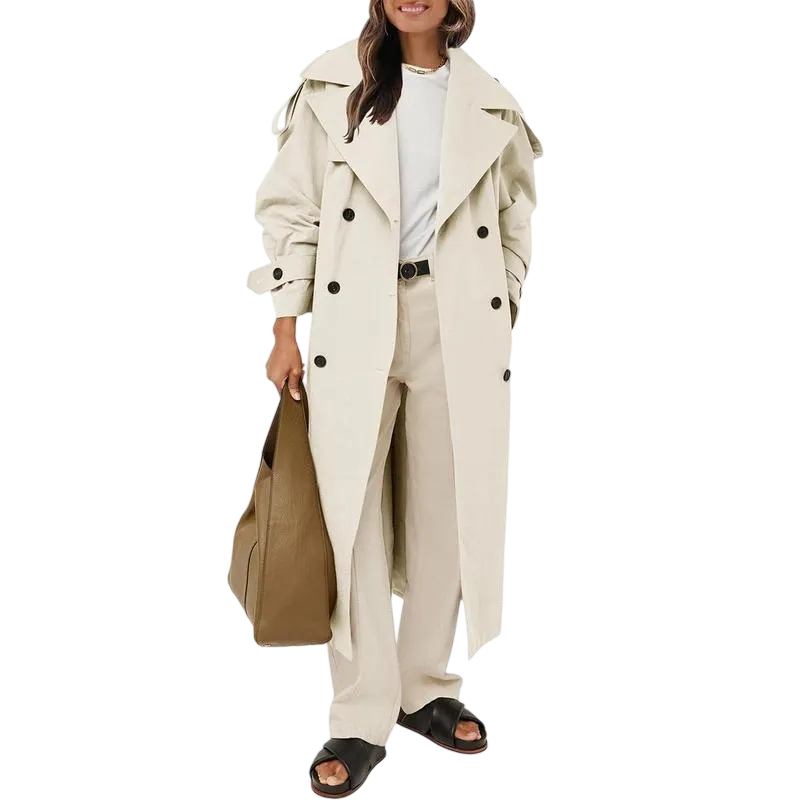 Womens Oversized Long Trench Coat Double Breasted Lapel Windproof Overcoat with Belt