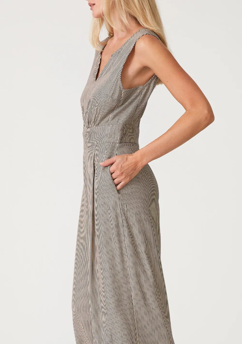 Striped Notched Wide Leg Jumpsuit