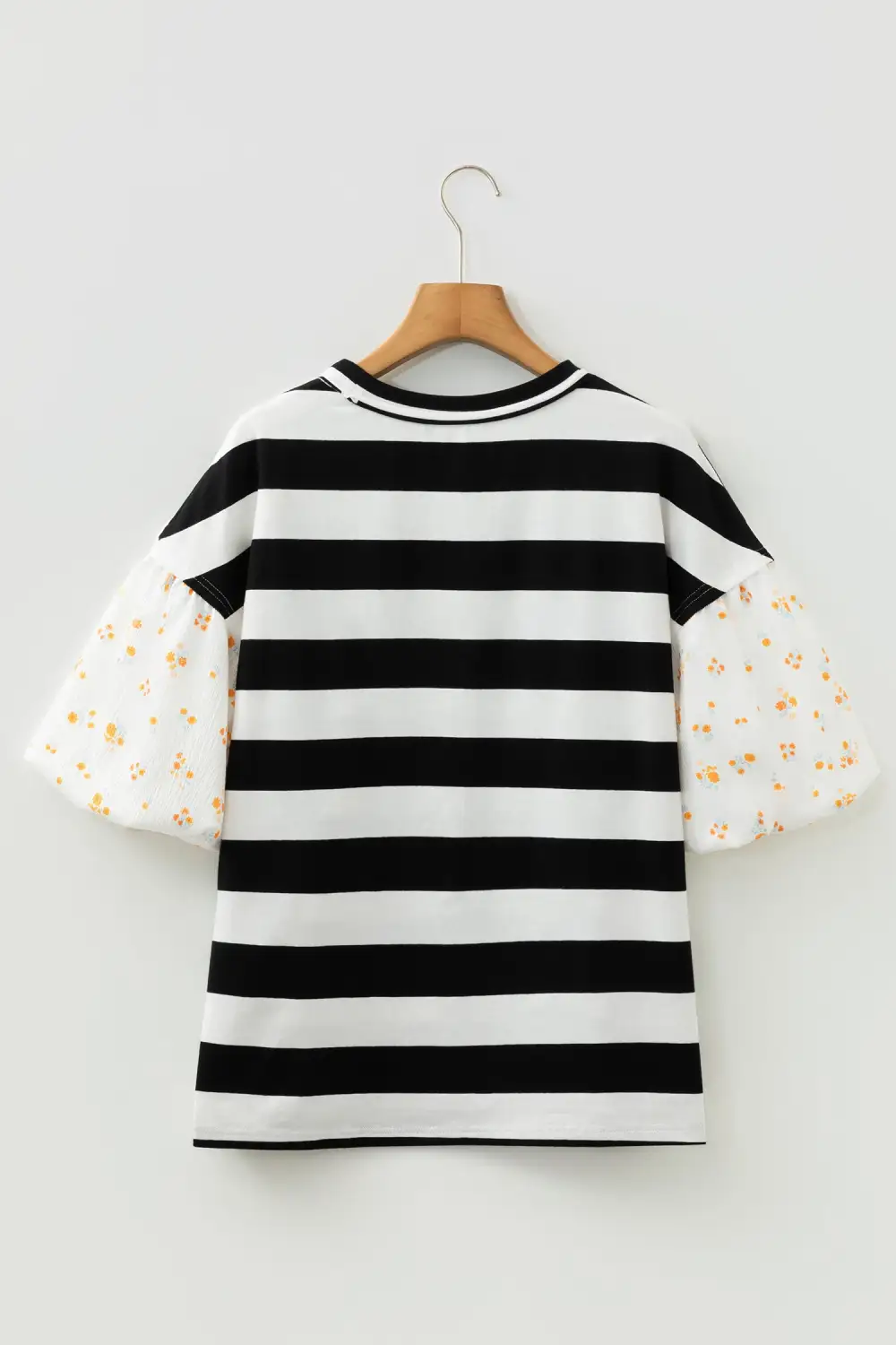 Black Stripe Floral Print Puff Sleeve Patchwork Blouse