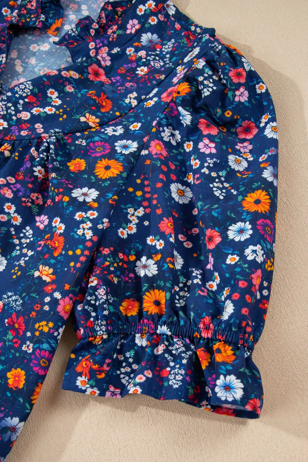 Polished Detail Floral Split Neck Puff Sleeve Mini Dress