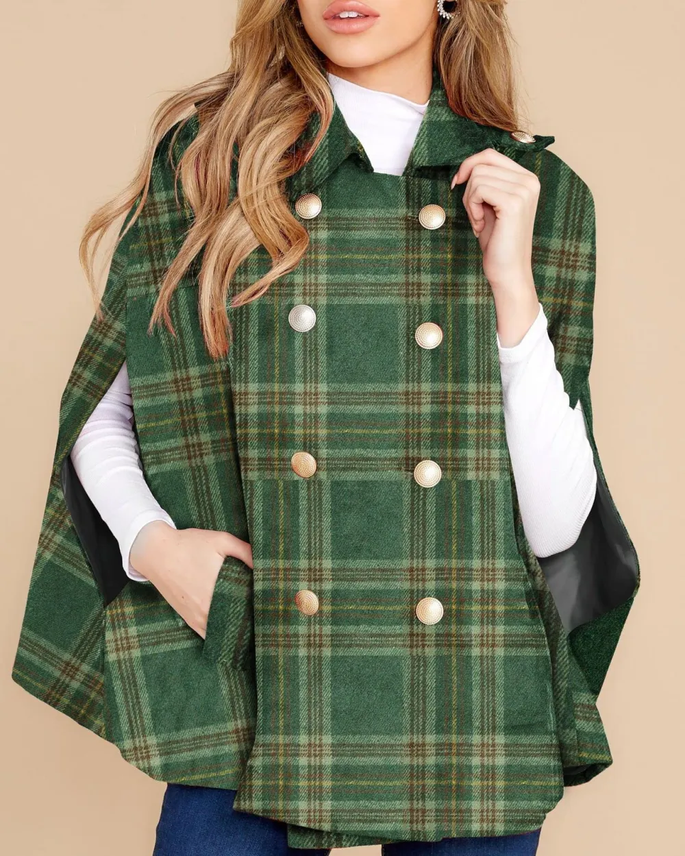 Green Plaid Cloak Coat For Women