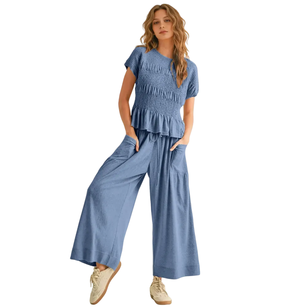 Women's Boho Chic Pleated Top & Wide-Leg Set
