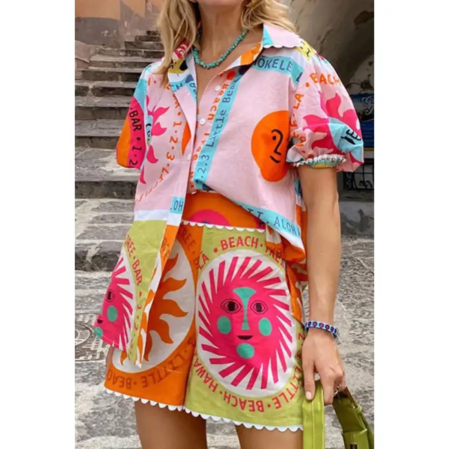 Everyday Printed Button Down Shirt and Shorts Set