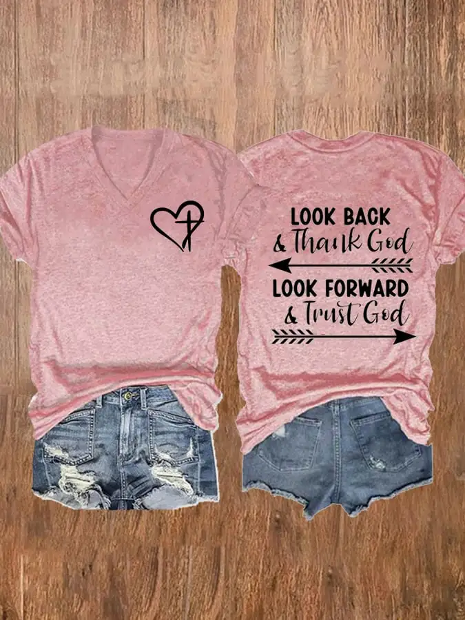 Women's Look Forward And Thank God Print V-Neck Casual T-Shirt