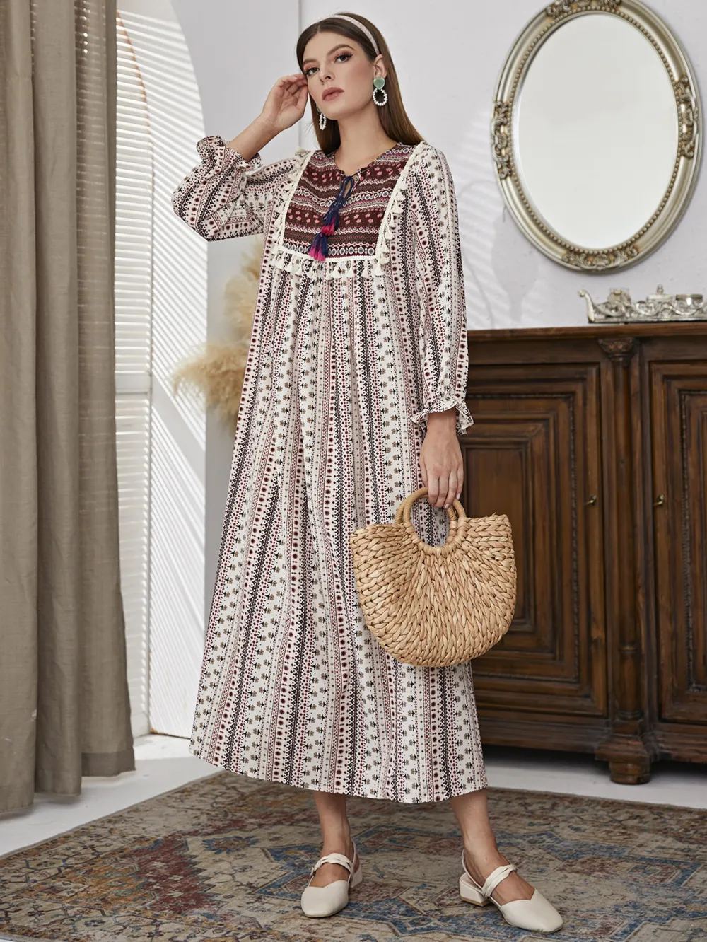 Floral & Geo Print Flounce Sleeve Tassel Trim Tie Neck Dress