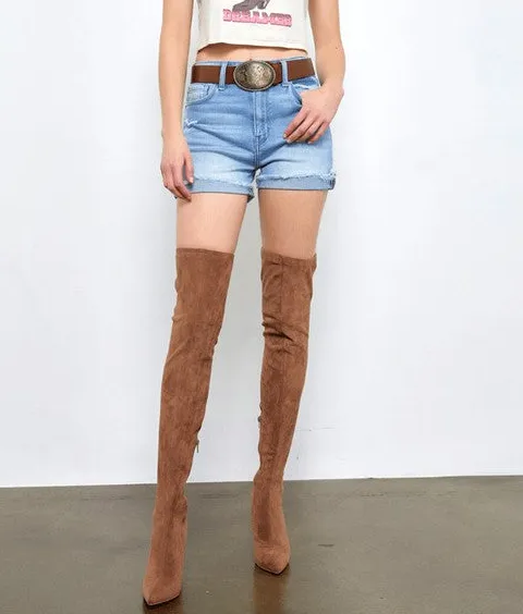 High Rise Embellished Stretch Denim Shorts