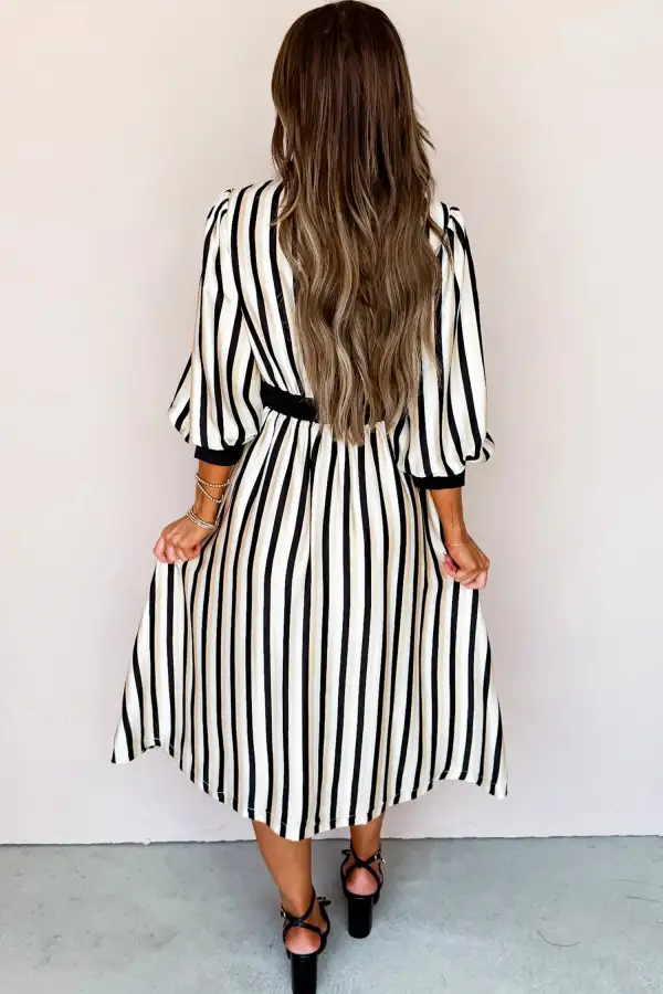 Stripe Puff Sleeve Shirt Down Midi Dress