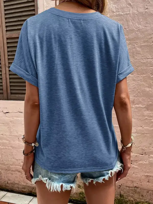Refined V-Neck Collared Short-Sleeve Button-Detail T-Shirt