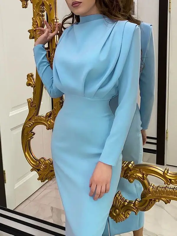 Pleated Long Neck Midi Dress
